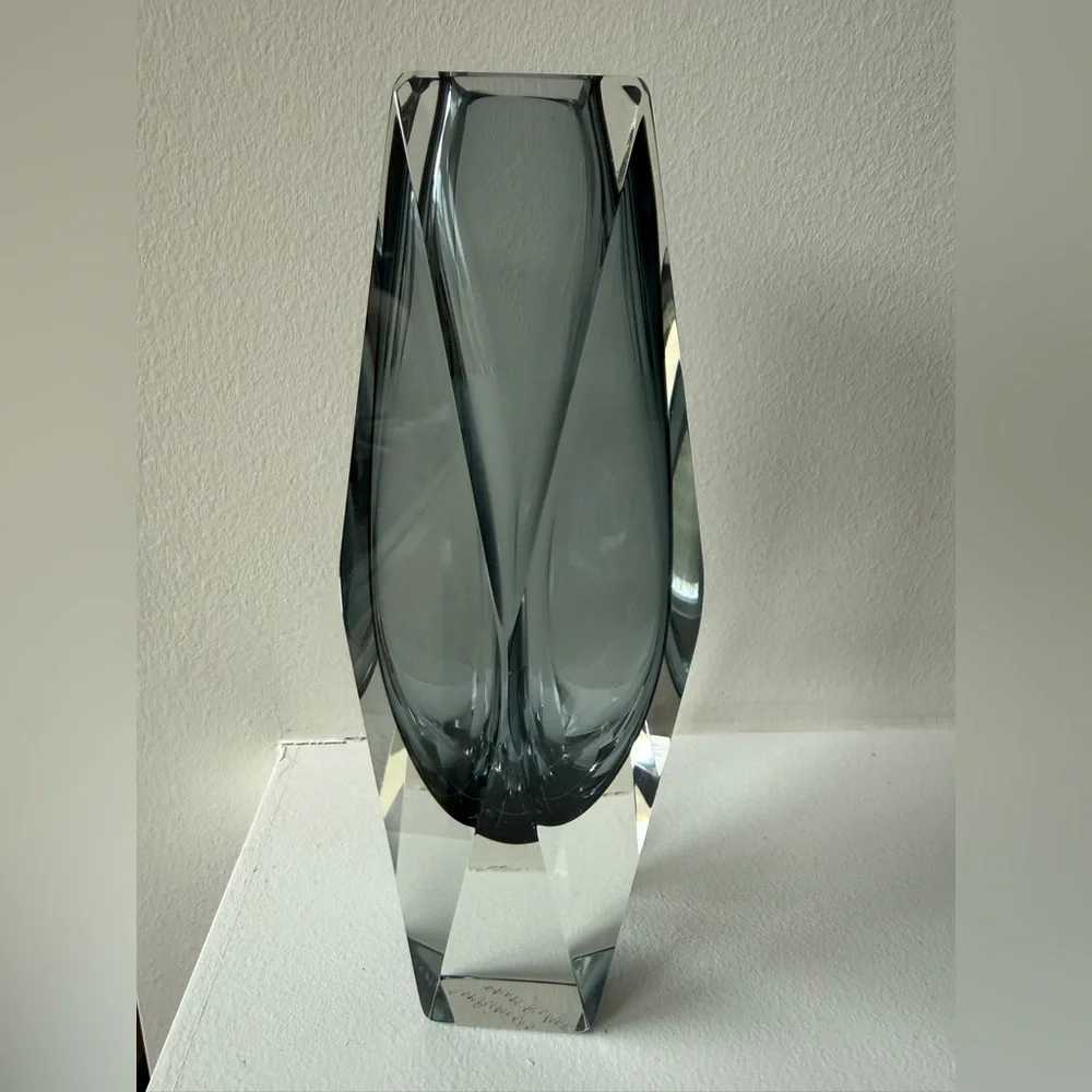 Vintage MCM Murano Style Sommerso Faceted Smoky Glass Vase